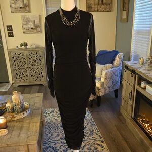 Chic Black Long Sleeve Dress Ruched High Neck Mesh Overlay NWOT Zipper Bodycon